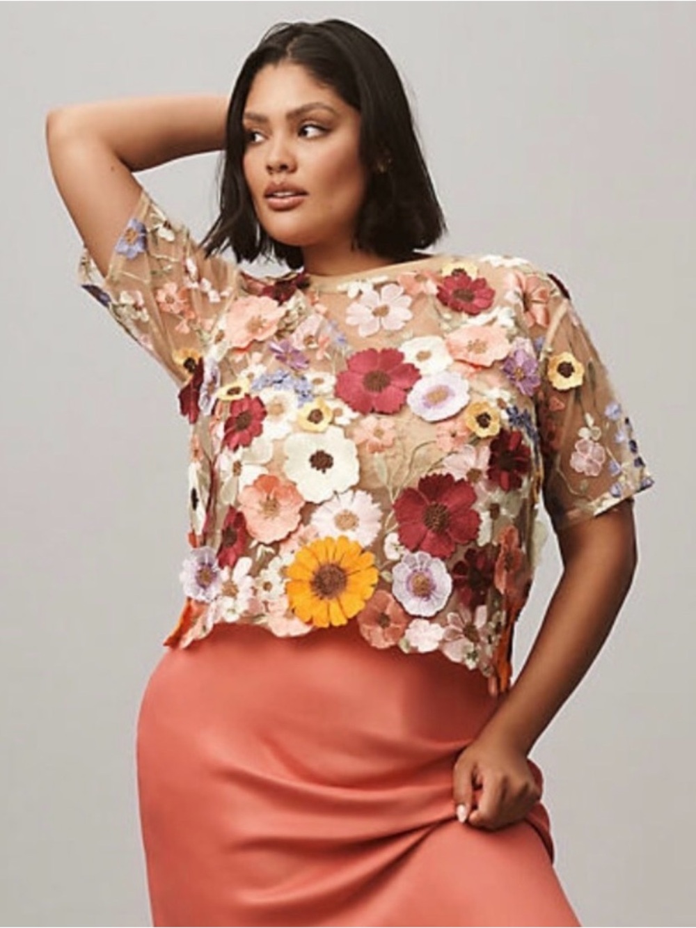 Embroidered flower sheer top